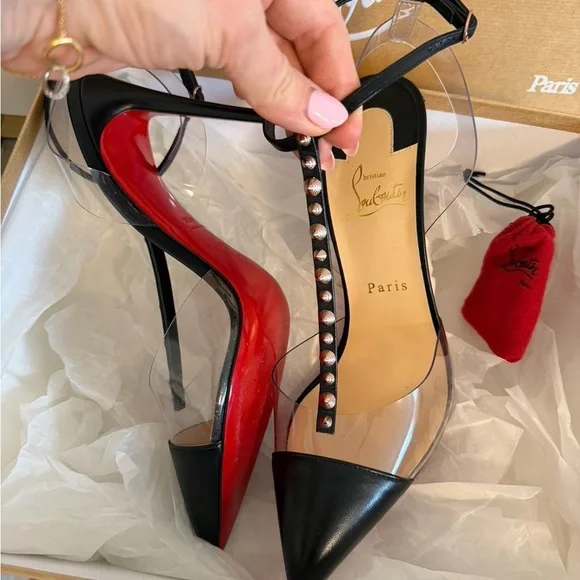 Christian Louboutin Black Pointed-Toe T-Strap Studded Heels - Picture 6 of 9